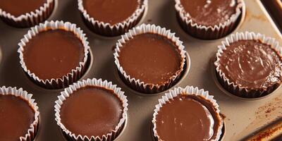 Peanut butter cups in paper liners on a baking sheet photo