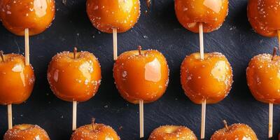 Butter toffee coating apples on sticks in rows photo