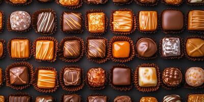 Assortment of caramel chew sweets organized by wrapper design photo