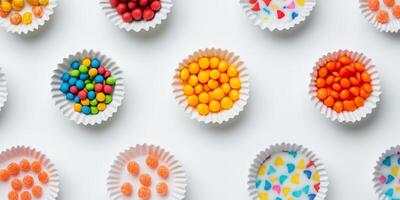 Bite sweets placed in small dishes with varying patterns photo