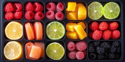 Assorted fruit slice candies organized by shape in separate compartments photo