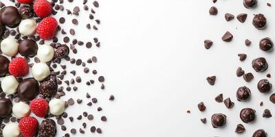 Chocolate-covered fruits scattered across the left border, with a few on the right photo