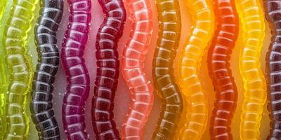 Assortment of worm candies of varying lengths lined up in parallel rows photo