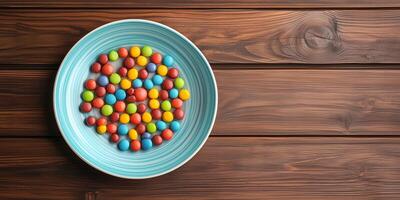 Overhead view of wheel candies creating a mandala pattern on plate photo