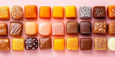 Assortment of sea salt caramel sweets organized in a gradient pattern photo