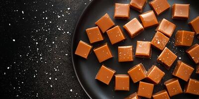 Caramel pieces aligned to create a geometric pattern on a dark plate photo