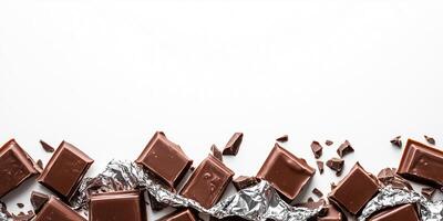 Chocolate bars scattered across the bottom border, some overlapping, wrappers crumpled photo