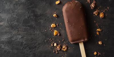 Ice cream bar on stick dipped in chocolate to create outer shell photo