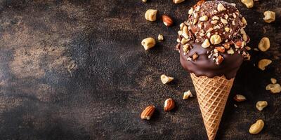 Ice cream cone hand-dipped in chocolate and rolled in nuts photo