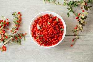 fresh ripe red goji berries in a bowl on a wooden table photo