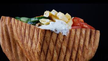 Doner with a crispy crust and delicious meat and vegetable filling on a dark background. photo