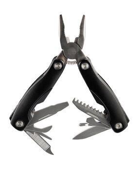 Steel multitool isolated on white background. Opened multitool with pliers, file, blade, screwdriver, bottle opener and saw, with a white background. Multi tool with expanded tools and pliers photo