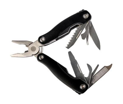 Steel multitool isolated on white background. Opened multitool with pliers, file, blade, screwdriver, bottle opener and saw, with a white background. Multi tool with expanded tools and pliers photo