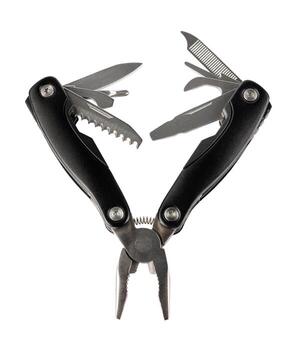 Steel multitool isolated on white background. Opened multitool with pliers, file, blade, screwdriver, bottle opener and saw, with a white background. Multi tool with expanded tools and pliers photo