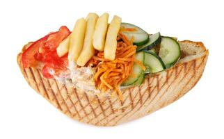 Doner with a crispy crust and tasty filling with sauce isolated on a white background. photo