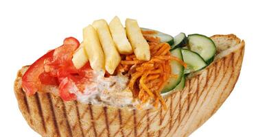 Doner with a crispy crust and tasty filling with sauce on a white background. photo