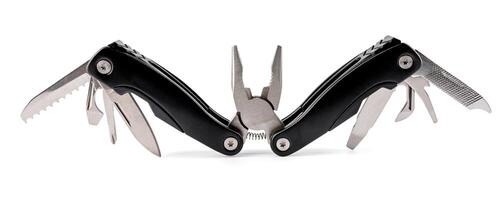 Steel multitool isolated on white background. Opened multitool with pliers, file, blade, screwdriver, bottle opener and saw, with a white background. Multi tool with expanded tools and pliers photo