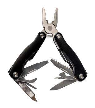 Steel multitool isolated on white background. Opened multitool with pliers, file, blade, screwdriver, bottle opener and saw, with a white background. Multi tool with expanded tools and pliers photo