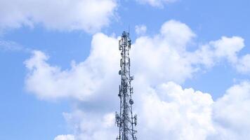 Telecommunication tower mast on sky background. Cellular telephone network or Digital wireless connection system. Receiving station Antenna. photo