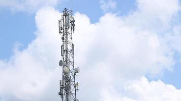 Telecommunication tower mast on sky background. Cellular telephone network or Digital wireless connection system. Receiving station Antenna. photo