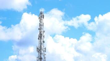 Telecommunication tower mast on sky background. Cellular telephone network or Digital wireless connection system. Receiving station Antenna. photo