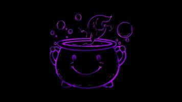 Neon frame effect, Cheerful Cauldron bubbling cauldron with a happy face and floating bubbles on black background video