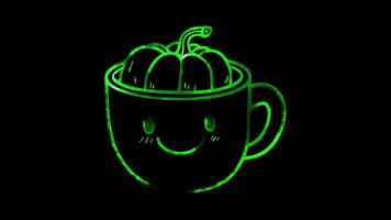 Neon frame effect, Cheery Pumpkin Spice Latte cup of pumpkin spice latte on black background video