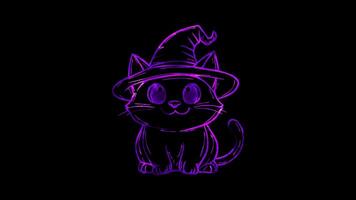 Neon frame effect, Cute Little Witch Cat black cat wearing a witch hat and a mischievous smile on black background video