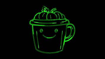 Neon frame effect, Cheery Pumpkin Spice Latte cup of pumpkin spice latte on black background video
