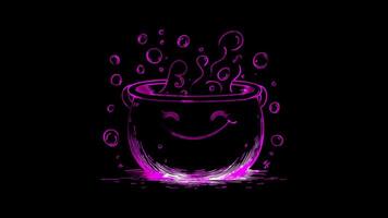 Neon frame effect, Cheerful Cauldron bubbling cauldron with a happy face and floating bubbles on black background video