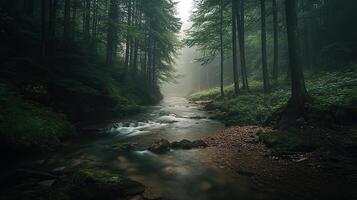 Mystical Forest Stream with Sunlight Filtering Through the Trees photo