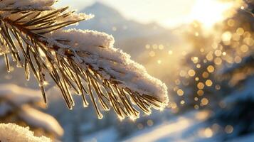 Close up of a snow covered pine branch with sunlight shining through the needles. Winter nature background. photo