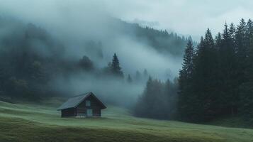 Mystical Foggy Forest Landscape with Small Cabin photo
