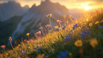 Beautiful wildflowers blooming in a mountain meadow at sunrise with sun shining through the flower petals and mist. photo