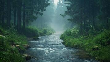 Mystical foggy forest with a stream flowing through it, fantasy, magical, nature scene photo