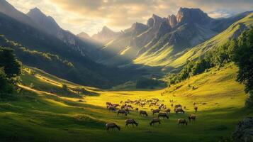 Sunrise over mountain valley with grazing herd of sheep, beautiful nature scene, peaceful landscape photo