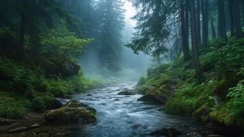 Mystical Forest River Scene with Fog and Lush Greenery photo