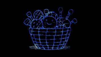 Neon frame effect, Charming Candy Basket basket overflowing with colorful candies on black background video