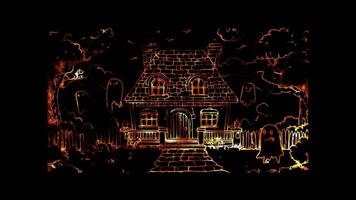 Neon frame effect, Playful Haunted House cute haunted house with friendly ghosts floating around on black background video