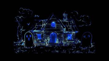 Neon frame effect, Playful Haunted House cute haunted house with friendly ghosts floating around on black background video