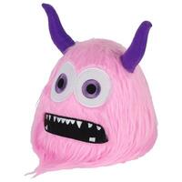 A pink monster head with purple eyes and big horns photo