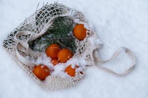 Ripe tangerines in reusable mesh bag with fir branch outside in snowy winter. Concept of sustainable Christmas celebration, responsibility and inclusivity. Oranges in cotton bag photo
