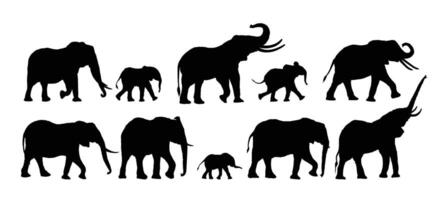 Set silhouettes of large and small Elephants. vector