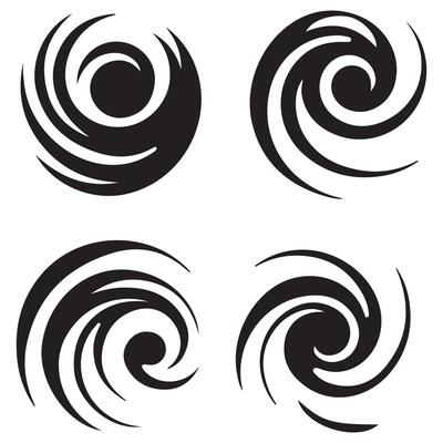 A set of four black and white swirls