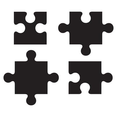 Four pieces of puzzle pieces are shown in black and white
