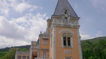 Beautiful view of ancient architecture of palace. Action. Beautiful architecture of palace in European style on background of green forest. European Palace in green mountains in summer video
