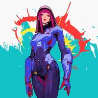 woman in blue robotic costume in cyberpunk style with abstract background vector