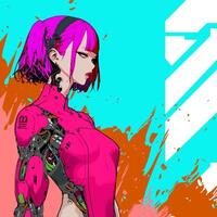 a woman with a pink robot body in cyberpunk style and an abstract background vector