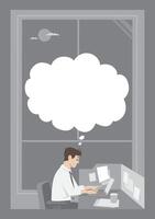 man working late at night on office desk with notes and laptop window scene thinking with balloon text and content can be anything vector