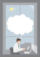 man working during office hours on office desk with notes and laptop window scene thinking with balloon text and content can be anything vertical format vector